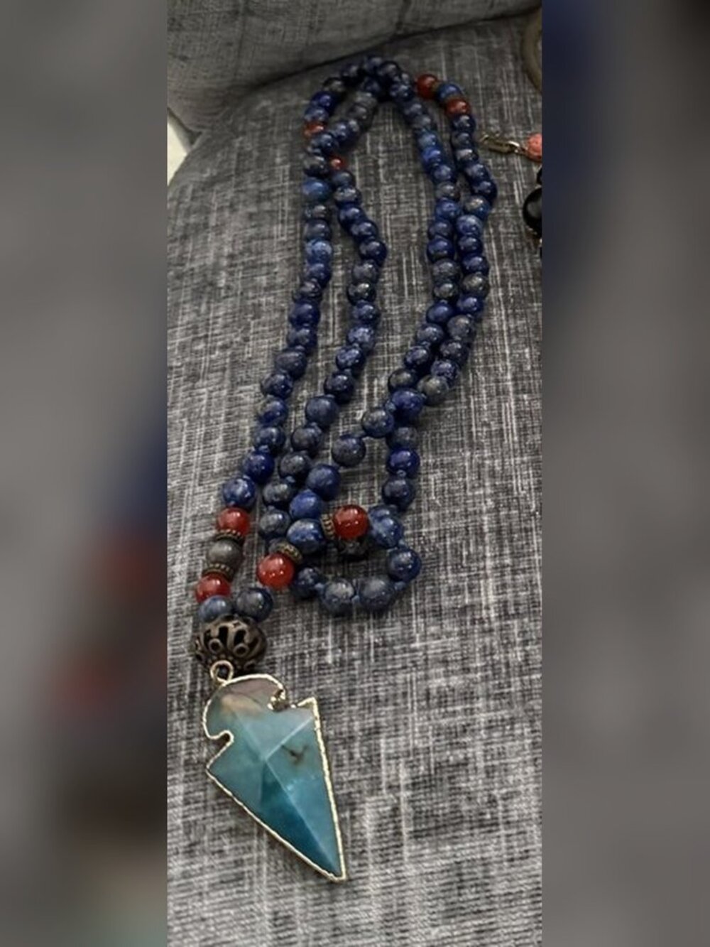 Long Lapis Bead Necklace with Blue Agate Arrowhead